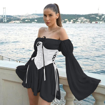 Chiffon Slash Neck Mini Dress Women Summer Beach Vacation Long Sleeve Corset Bandage Sundress Party Casual Dresses Pink